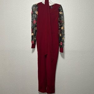 EMERY ROSE Contrast Floral Embroidery
Mesh Lantern Sleeve Belted Jumpsuit